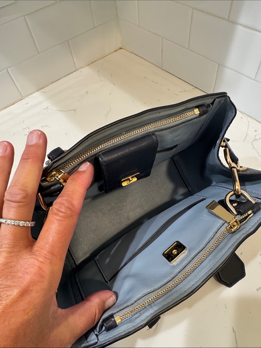 Michael Kors Navy Leather Satchel with Gold Hardware - Picture 12 of 16